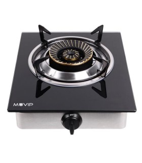 Muvip Cocina de Gas Inox 1 Fuego - Cristal Templado - Encendido Piezoelectrico - Quemador de Hierro Fundido Desmontable