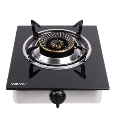 Muvip Cocina de Gas Inox 1 Fuego - Cristal Templado - Encendido Piezoelectrico - Quemador de Hierro Fundido Desmontable