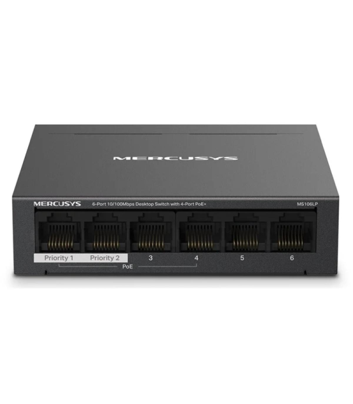 Mercusys Switch 6 Puertos RJ45 10/100Mbps - 4 Puertos PoE - Largo Alcance hasta 250m en Modo Extendido - Carcasa de Metal