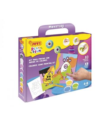 Jovi Play & Fun Kit Pinta con Arena Monsters con 8 Botes de Arena + 1 Punzon + 3 Laminas con Diseños de Monstruos - Colores Surt