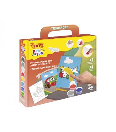 Jovi Play & Fun Kit Pinta con Arena Transport con 8 Botes de Arena + 1 Punzon + 3 Laminas con Diseños de Transportes - Colores..
