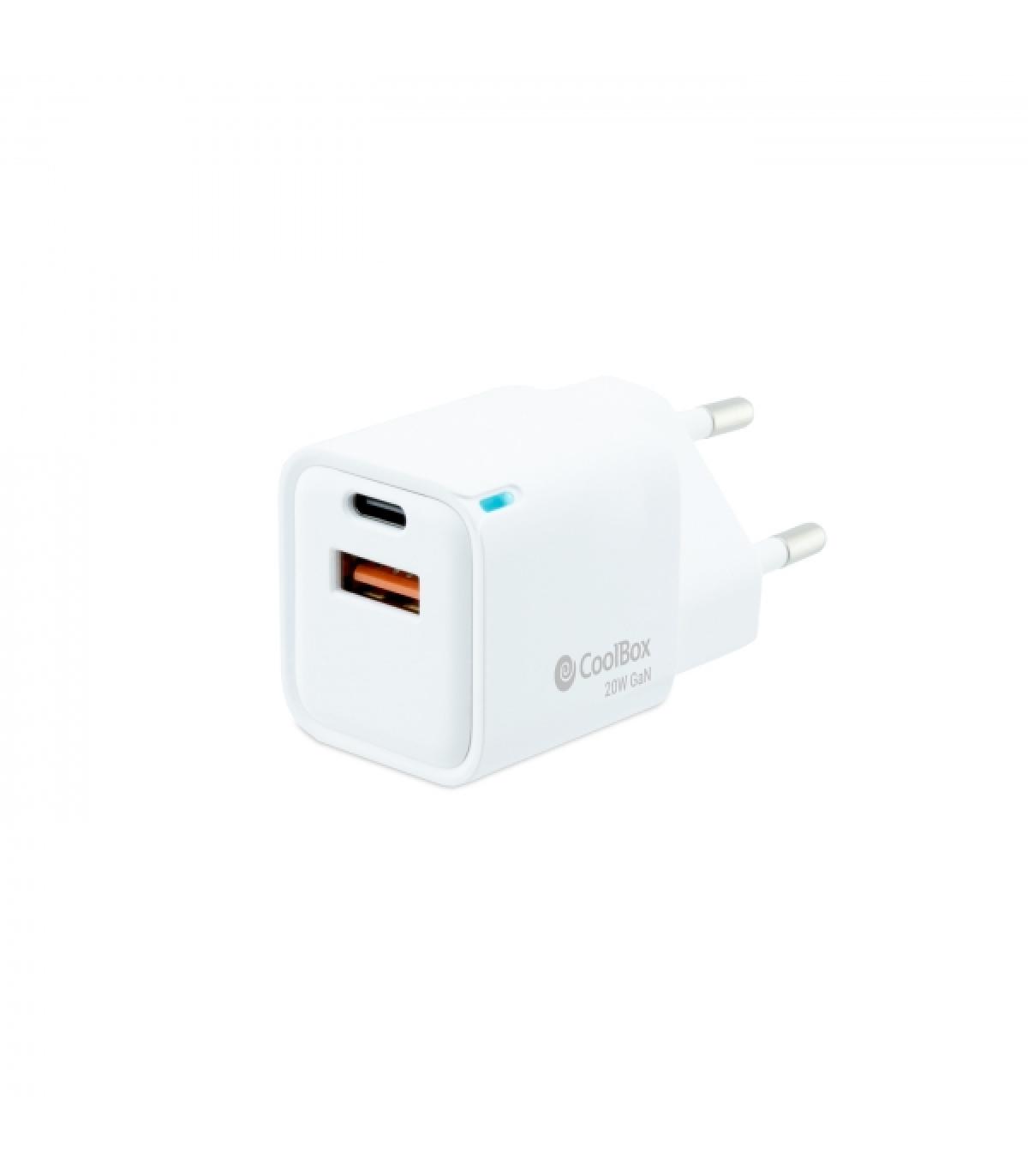 Coolbox Cargador de Pared 20W QC3.0 + PD - USB-A + USB-C - Carga Rapida - Tecnología GaN - Color Blanco