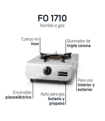 Orbegozo FO 1710 Hornillo a Gas Inoxidable - Quemador Triple Corona 4.3kW - Seguridad Termopar - Encendido Piezoelectrico - Comp