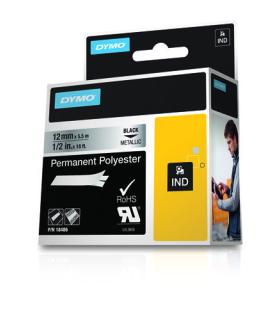 Dymo Rhino ID1-12 Cinta de Etiquetas Original para Rotuladora - Texto Negro sobre Fondo Plata - Ancho 12mm x 5.5 metros - 18486