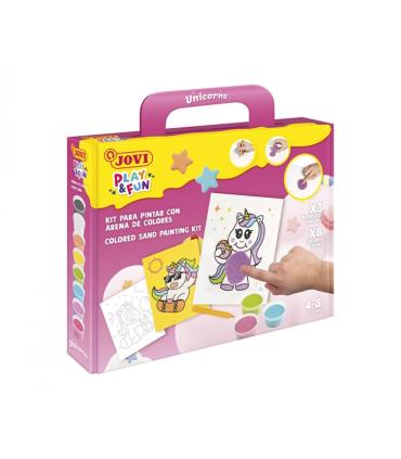 Jovi Play & Fun Kit Pinta con Arena Unicorns con 8 Botes de Arena + 1 Punzon + 3 Laminas con Diseños de Unicornios - Colores Sur