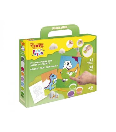 Jovi Play & Fun Kit Pinta con Arena Dinosaurs con 8 Botes de Arena + 1 Punzon + 3 Laminas con Diseños de Dinosaurios - Colores..