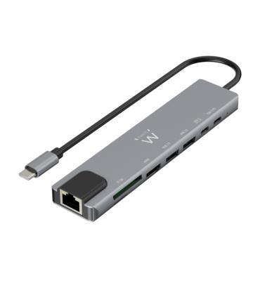Ewent USB-C Dock 8 en 1 - HDMI 4K - PD 87W - USB-C - 2xUSB-A - LAN - Lector de tarjetas - Color Plata