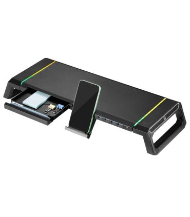 Ewent EW1268 Elevador para Monitor RGB Extensible - Plegable con cajon y soporte para smartphone - HUB USB 3.0 de 4 Puertos - Co