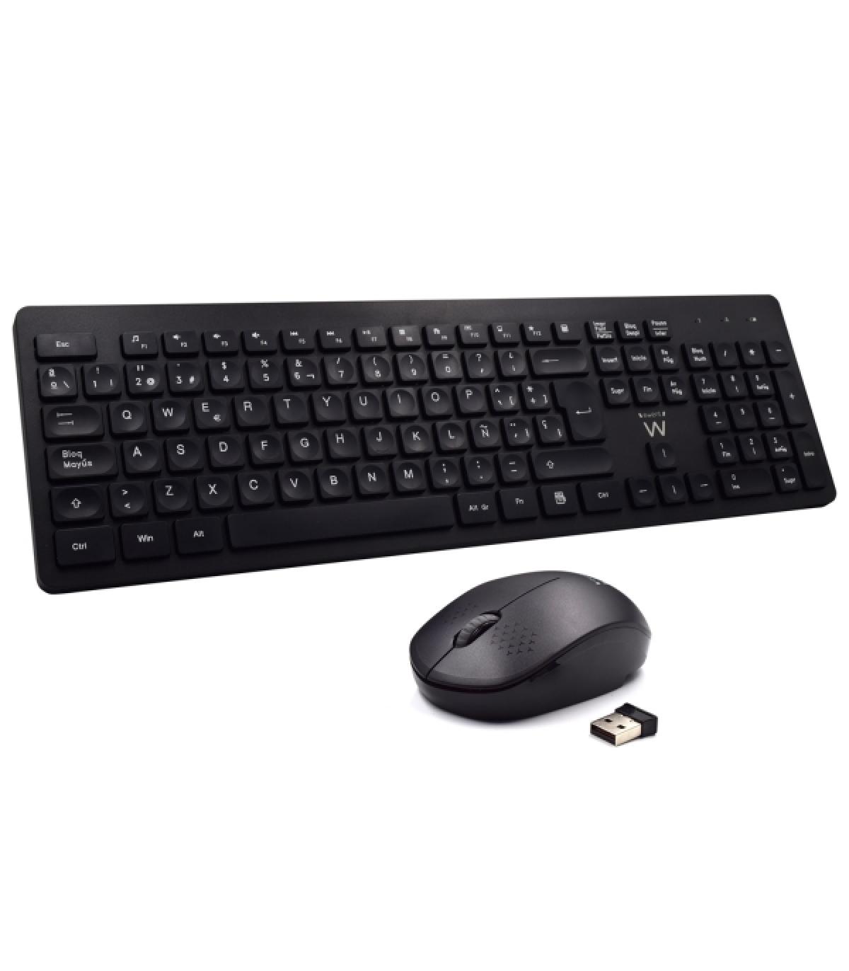 Ewent Paquete Inalambrico 2.4hz KB+RATON - Teclado de Oficina con 13 Teclas Multimedia - Raton de Viaje - 1000dpi Unico - Recept