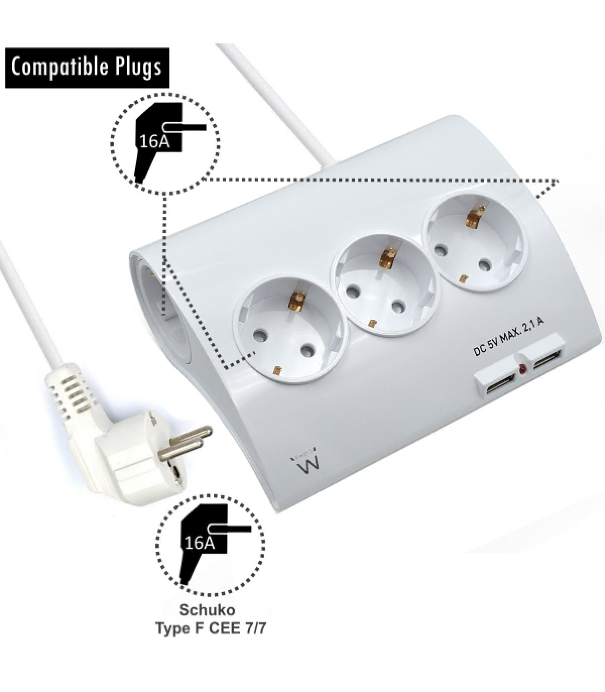 Ewent Regleta de Energia - 5 enchufes - Version Schuko - 16A - 2 Puertos USB - Cable de 1.5m - Color Blanco
