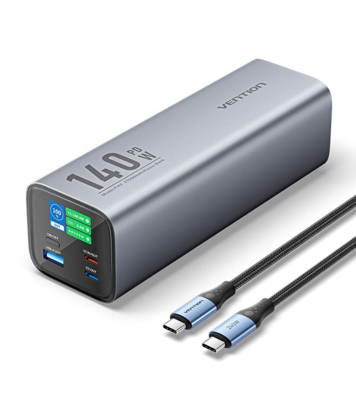 Vention Bateria Powerbank 27000mAh 140W USB (USB-C+C+A+A) - Pantalla LED - Color Gris