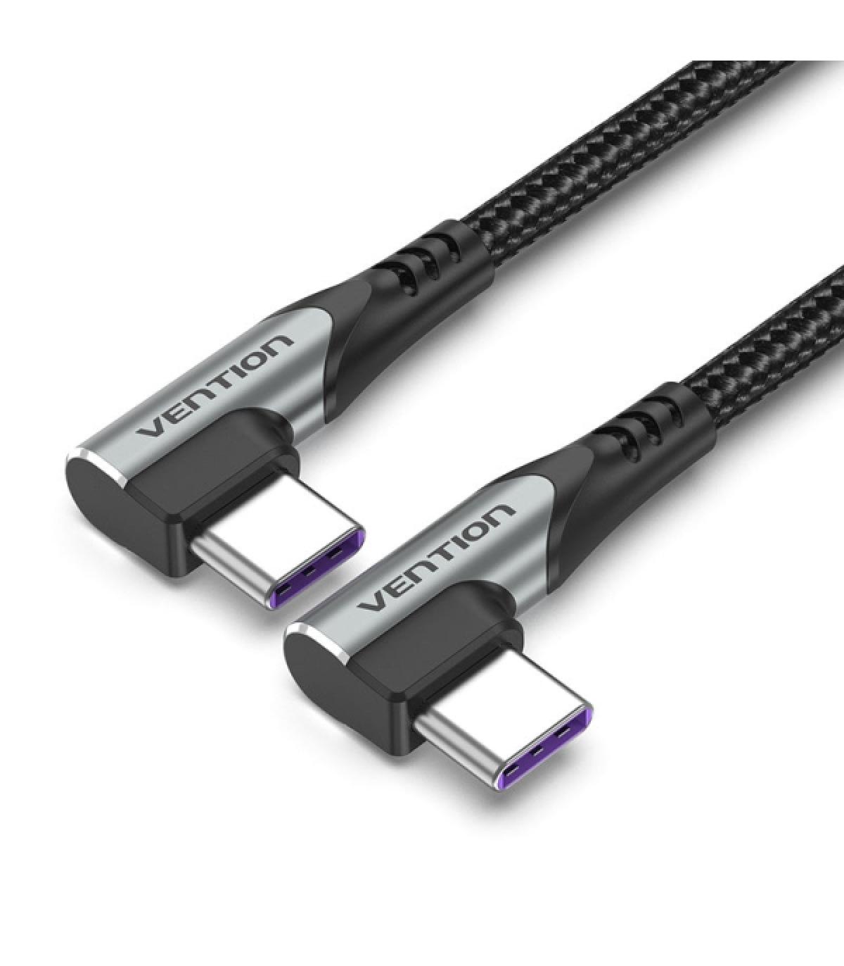 Vention Cable USB-C 2.0 a USB-C 2.0 5A 100W - 0.5m - Trenzado - Acodado en los Dos Extemos - Color Gris