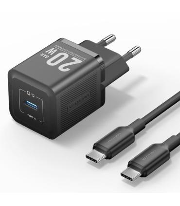 Vention Cargador de Pared GaN USB-C 20W - Cable USB-C 1m - Color Negro
