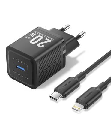 Vention Cargador de Pared GaN USB-C 20W - Cable USB-C a Lightning 1m - Color Negro