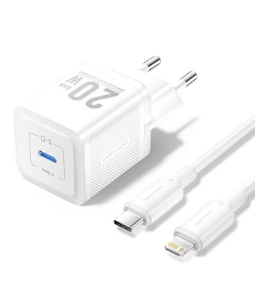 Vention Cargador de Pared GaN USB-C 20W - Cable USB-C a Lightning 1m - Color Blanco