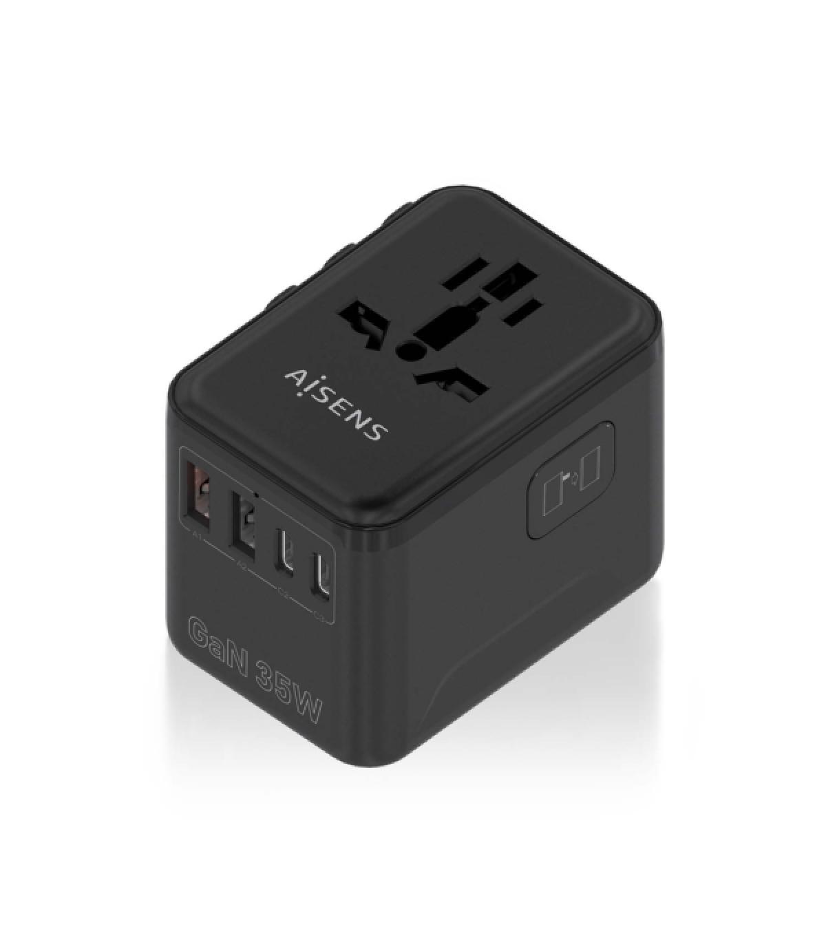 Aisens Adaptador de Viaje Universal GaN 35W - 2xUSB-A QC3.0, 2xUSB-C PD3.0 - Color Negro