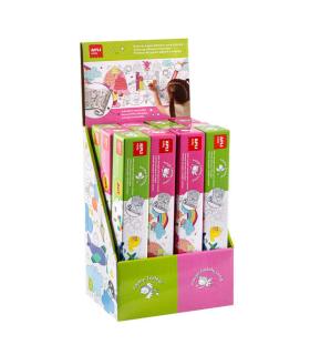 Apli Expositor de Rollos de Papel Adhesivo para Pegar y Colorear - Tamaño 30Cmx4M - 12 Rollos con Diseños de Transportes y Candy