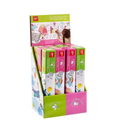 Apli Expositor de Rollos de Papel Adhesivo para Pegar y Colorear - Tamaño 30Cmx4M - 12 Rollos con Diseños de Transportes y Candy