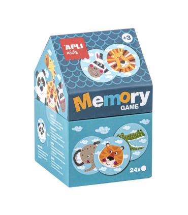 Apli Juego de Memoria Infantil - 24 Piezas Ø 8 cm - Dibujos de Animales Divertidos - Caja en Forma de Casita - Resistentes y Seg