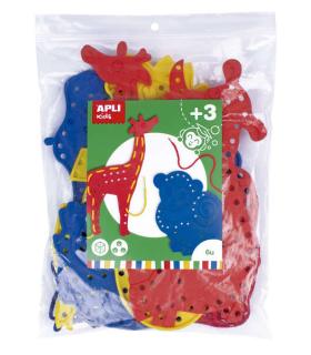 Apli Juego de Cosedores Animales - Formato Maxi - 6 Animales de Plastico con Agujeros - 18 Cuerdas de Colores - Desarrolla Psico