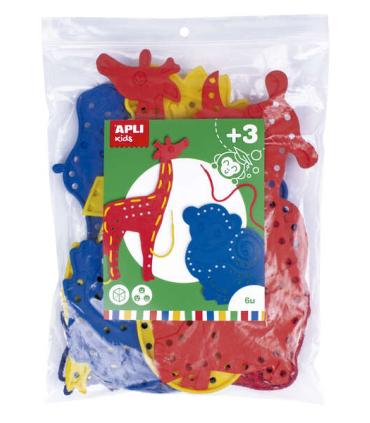 Apli Juego de Cosedores Animales - Formato Maxi - 6 Animales de Plastico con Agujeros - 18 Cuerdas de Colores - Desarrolla Psico