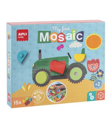 Apli Mosaico Educativo de Madera - 15 Piezas de Diferentes Formas y Colores - 5 Laminas con Diseños - Tamaño de Laminas: 280x180