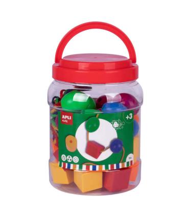 Apli Kit de Formas Ensartables - 40 Piezas - 4 Cordones de 90cm - 6 Formas Geometricas - Colores Surtidos - Bote de Plastico..