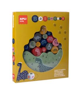 Apli Juego de Equilibrio Dinosaurios - 16 Piezas de Madera de Alta Calidad - Base Balanceante - Dado con Colores - 3 Tamaños..