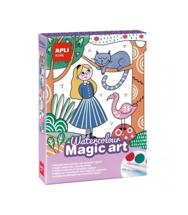 Apli Set de Coloreado Magico - Incluye 4 Laminas Ilustradas - 6 Pastillas de Acuarela - Pincel - Goma - Rotulador Magico - Ficha