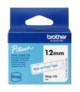 Brother Btag-133 Cinta 12mm - Texto Azul sobre Fondo Transparente - Medidas 12mmx4 Metros - Apta para PTN10, PTN20, PTN25BT