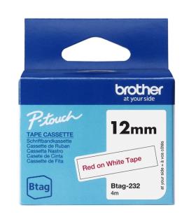 Brother Btag-232 Cinta 12mm - Texto Rojo sobre Fondo Blanco - Medidas 12mmx4 Metros - Apta para PTN10, PTN20, PTN25BT
