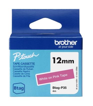 Brother Btag-P35 Cinta 12mm - Texto Blanco sobre Fondo Rosa - Medidas 12mmx4 Metros - Apta para PTN10, PTN20, PTN25BT