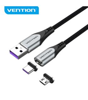 Vention Cable USB-A 2.0 Magnetico - Fichas Intercambiables USB-C y Micro USB - Carga Rapida 5A - Transmision 480Mbps - Color Gri