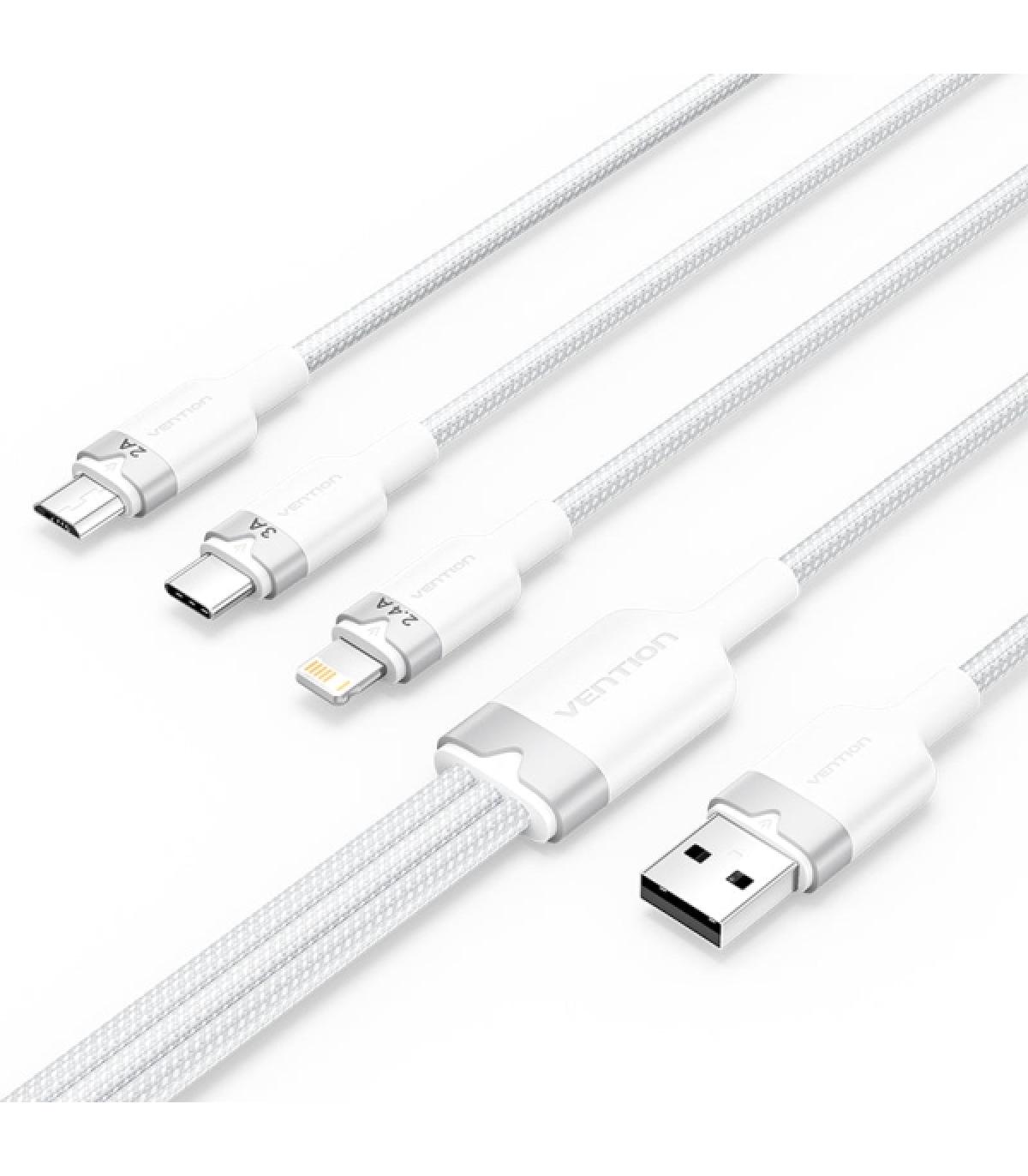 Vention Cable USB-A 2.0 a USB-C, Lightning, Micro-B 3A - 1.5m - Trenzado - Color Blanco