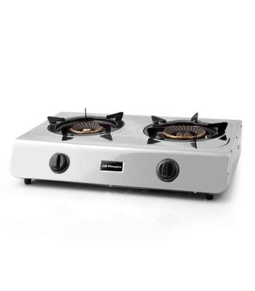 Orbegozo FO 2710 Hornillo a Gas - Eficiente y Seguro - 2 Quemadores de Triple Corona - Encendido Piezoelectrico - Acero Inoxidab