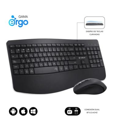 Subblim Dual Office Prowave Black Pack de Teclado Ergonomico + Raton 3200dpi Inalambricos Bluetooth 5.3 y Receptor USB - Bateria