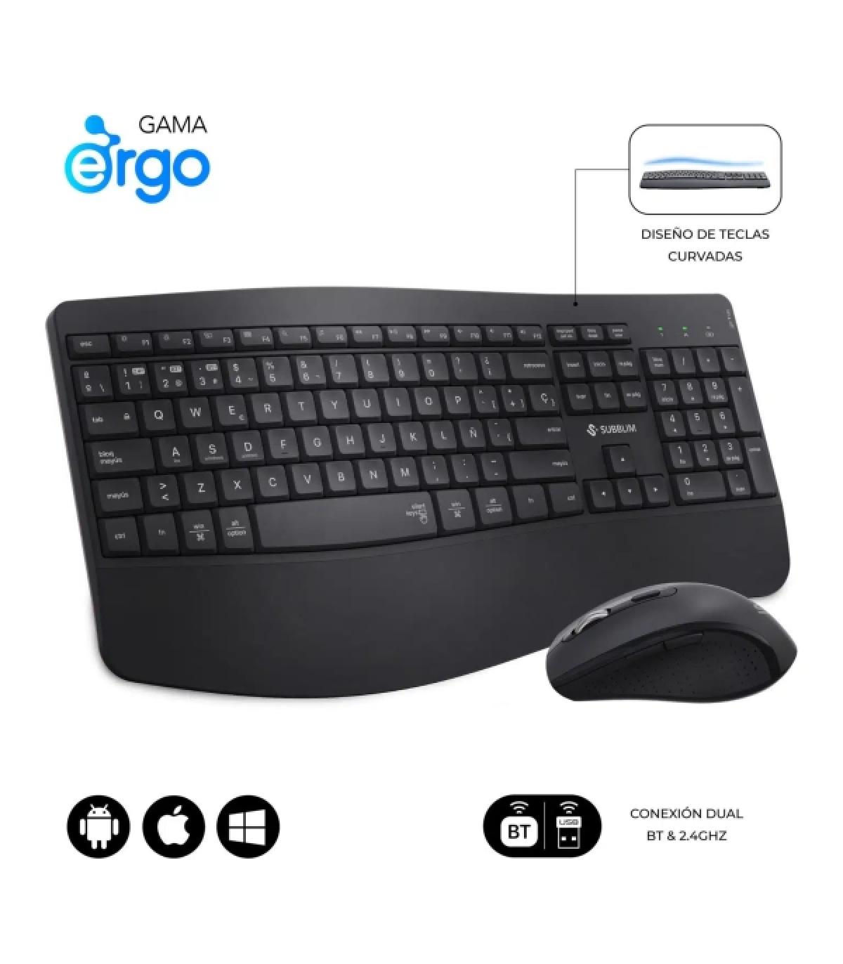 Subblim Dual Office Prowave Black Pack de Teclado Ergonomico + Raton 3200dpi Inalambricos Bluetooth 5.3 y Receptor USB - Bateria