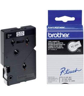 Brother TC201 Cinta Laminada Original para Rotuladora - Texto Negro sobre Fondo Blanco - Ancho 12mm x 7 metros