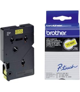 Brother TC601 Cinta Laminada Original para Rotuladora - Texto Negro sobre Fondo Amarillo - Ancho 12mm x 7 metros