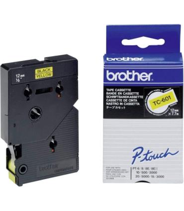 Brother TC601 Cinta Laminada Original para Rotuladora - Texto Negro sobre Fondo Amarillo - Ancho 12mm x 7 metros
