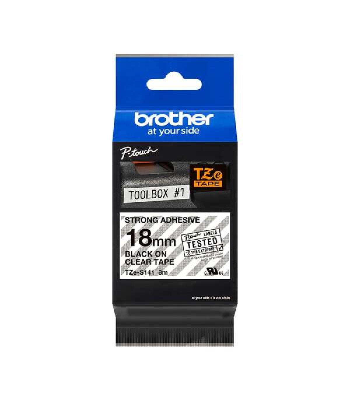 Brother TZeS141 Cinta Laminada Super Adhesiva Original de Etiquetas - Texto negro sobre fondo transparente - Ancho 18mm x 8 metr