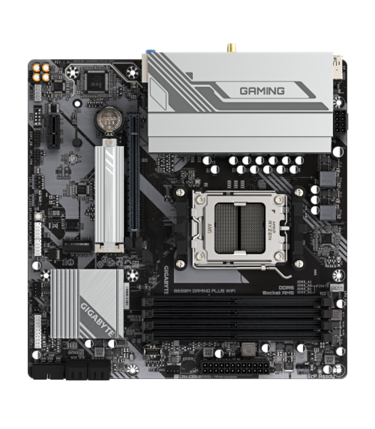 GIGABYTE B650M GAMING PLUS WIFI Placa base - Procesadores AMD Ryzen 9000, VRM de 5+2+2 fases, hasta 8000 MHz DDR5, 2xPCIe 4.0 M.