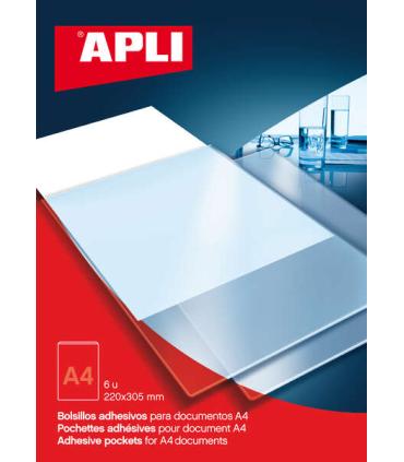 Apli Bolsillos Adhesivos A4 - Bolsa con 6 Bolsillos - Ideal para Carpesanos, Carpetas y Libros - Añade Un Bolsillo Adicional..