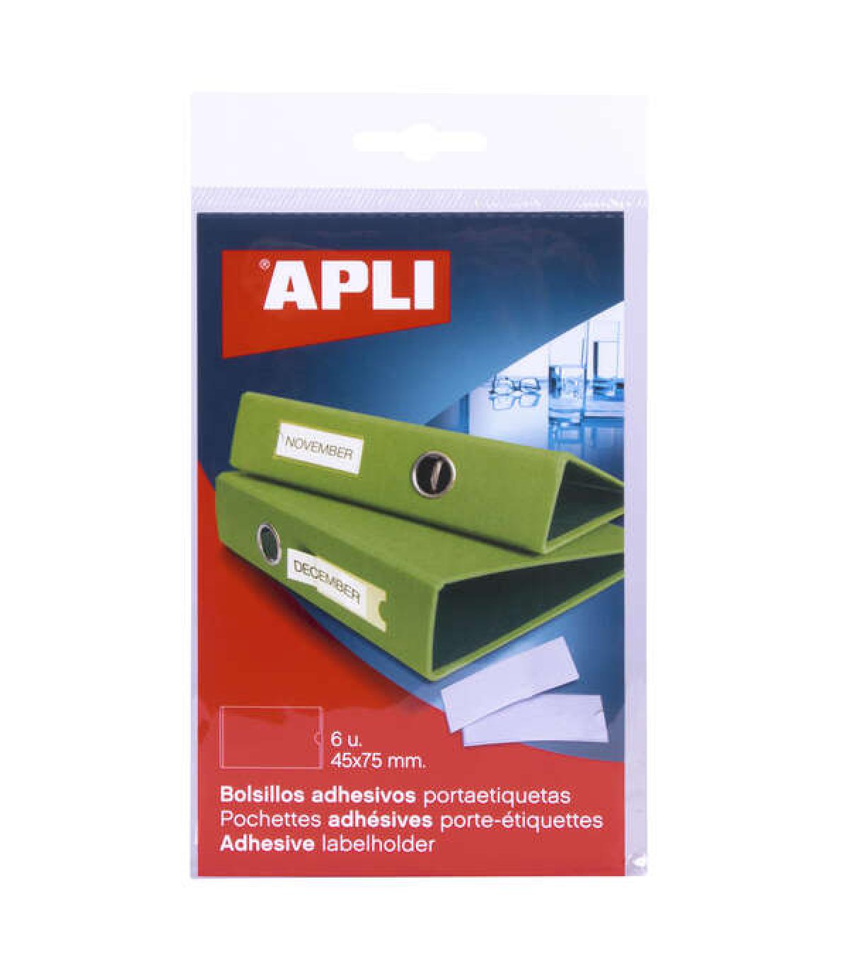 Apli Bolsillos Adhesivos para Etiquetas - 45 x 75mm - Cambia la Informacion de la Etiqueta Segun tus Necesidades - Pack de 6 Uni