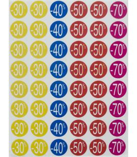 Apli Pack de 240 Etiquetas de Descuento -30%, -40%, -50%, -70% - Tamaño Ø 24mm - Forma Redonda - Colores Amarillo, Azul, Rojo..