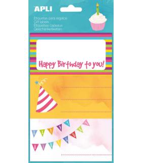 Apli Etiquetas Adhesivas Happy Birthday - Tamaño 76x39mm - 9 Etiquetas en 3 Hojas - Adhesivo Permanente de Alta Calidad - Ideal.