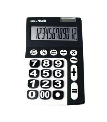 Milan Calculadora de 12 Digitos Extra Grande - Tecla de Rectificacion de Entrada de Datos - Color Negro y Blanco