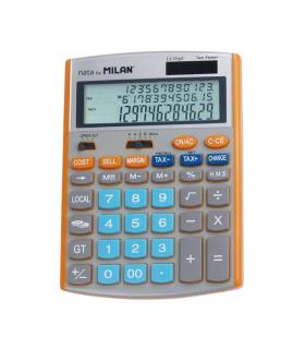 Milan Calculadora de 12 Digitos - Pantalla de 3 Lineas - 3 Teclas de Memoria - Calculo de Margenes - Funcion Impuestos, Tiempo..