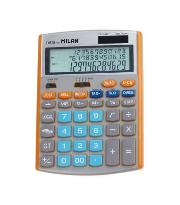 Milan Calculadora de 12 Digitos - Pantalla de 3 Lineas - 3 Teclas de Memoria - Calculo de Margenes - Funcion Impuestos, Tiempo..