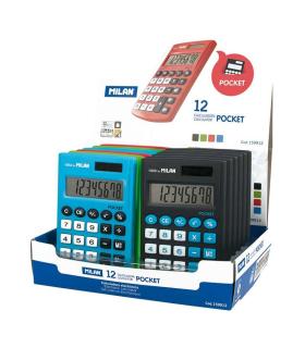 Milan Pocket Expositor con 12 Calculadoras de Bolsillo - 8 Digitos - Tacto Suave - Colores Surtidos